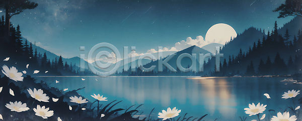 사람없음 JPG 일러스트 구름(자연) 꽃 나무 달 달빛 밤하늘 백그라운드 별 산 여름(계절) 여름밤 풍경(경치) 호수