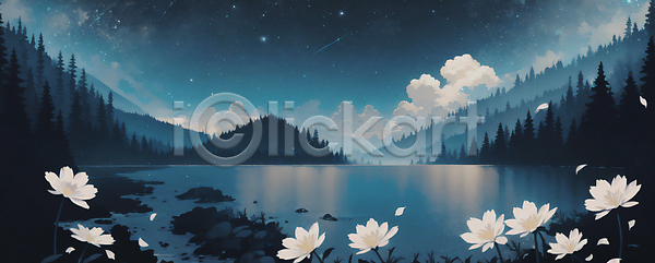 사람없음 JPG 일러스트 구름(자연) 꽃 나무 밤하늘 백그라운드 별 빛 산 여름(계절) 여름밤 풍경(경치) 호수