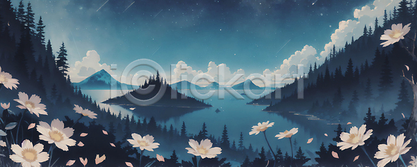 사람없음 JPG 일러스트 구름(자연) 꽃 나무 반사 밤하늘 백그라운드 별 산 여름(계절) 여름밤 풍경(경치) 호수