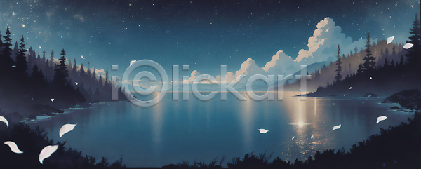 사람없음 JPG 일러스트 구름(자연) 꽃잎 나무 밤하늘 백그라운드 별 빛 여름(계절) 여름밤 풍경(경치) 호수