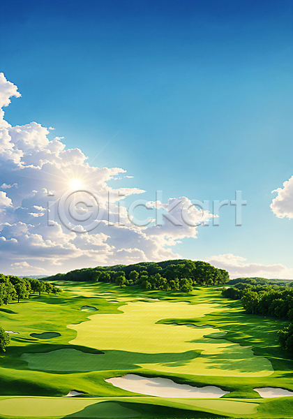 사람없음 JPG 디지털합성 편집이미지 골프장 구름(자연) 나무 벙커(골프장) 초록색 태양 풍경(경치) 필드 하늘 햇빛