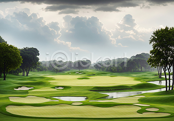 사람없음 JPG 디지털합성 편집이미지 골프장 나무 먹구름 벙커(골프장) 연못 초록색 풍경(경치) 필드 하늘