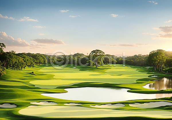 사람없음 JPG 디지털합성 편집이미지 골프장 구름(자연) 나무 벙커(골프장) 연못 초록색 풍경(경치) 필드 하늘 햇빛