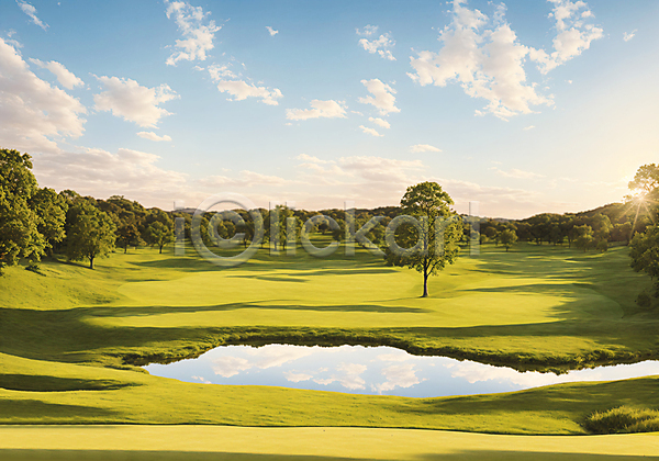 사람없음 JPG 디지털합성 편집이미지 골프장 구름(자연) 나무 반사 벙커(골프장) 연못 초록색 태양 풍경(경치) 필드 하늘 햇빛