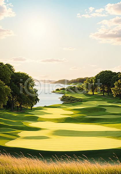 사람없음 JPG 디지털합성 편집이미지 골프장 구름(자연) 나무 바다 벙커(골프장) 초록색 태양 풀(식물) 풍경(경치) 필드 하늘 해변 햇빛