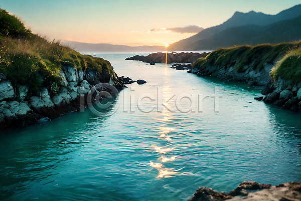 사람없음 JPG 포토 바다 바위(돌) 산 야외 윤슬 일몰 자연 주간 풍경(경치) 햇빛