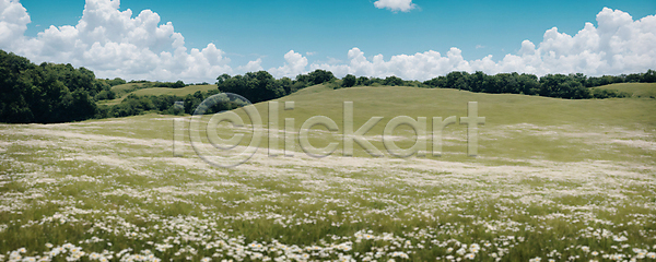 사람없음 JPG 디지털합성 편집이미지 포토 구름(자연) 꽃밭 나무 맑음 와이드앵글 자연 주간 초원(자연) 편집소스 풍경(경치) 하늘