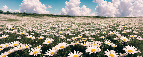 사람없음 JPG 디지털합성 편집이미지 포토 구름(자연) 꽃밭 나무 데이지 맑음 와이드앵글 자연 주간 초원(자연) 편집소스 풍경(경치) 하늘