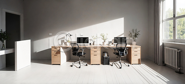 깨끗함 사람없음 JPG 디지털합성 편집이미지 공간 라디에이터 모던 사무실 실내 의자 인테리어 창문 책상 커튼 컴퓨터 편집소스 햇빛 화분