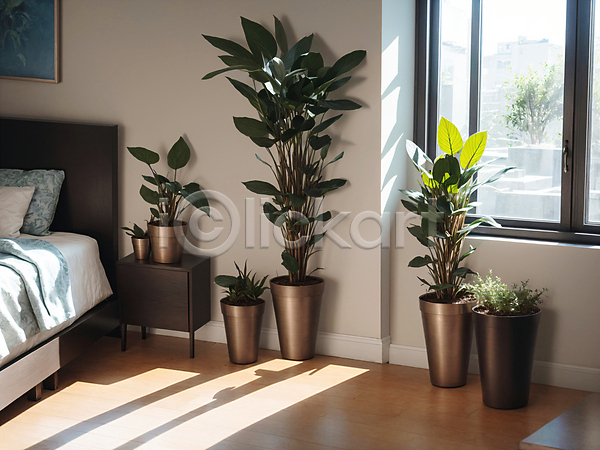 사람없음 JPG 디지털합성 편집이미지 식물 실내 원예 인테리어 창문 침대 침실 편집소스 플랜테리어 화분