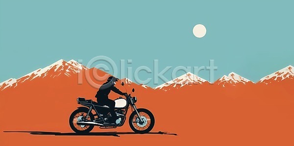 남자 성인 성인남자한명만 한명 JPG 일러스트 백그라운드 산 승차 오토바이 오프로드 전신 주황색 태양 풍경(경치) 하늘 하늘색 황무지
