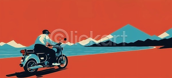 남자 성인 성인남자한명만 한명 JPG 일러스트 백그라운드 빨간색 산 승차 오토바이 오프로드 전신 풍경(경치) 하늘색 해변 황무지