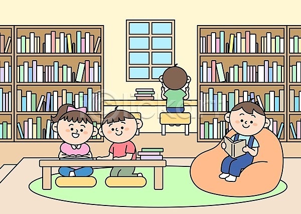 남자 소녀(어린이) 소년 어린이 어린이만 여러명 여자 AI(파일형식) 일러스트 도서관 독서 들기 방석 빈백 앉기 의자 전신 창문 책 책상 책장