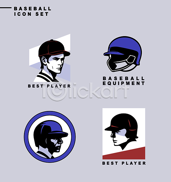 남자 성인 성인남자만 세명 신체부위 AI(파일형식) 아이콘 라벨 빨간색 세트 스포츠 야구모자 야구선수 야구헬멧 얼굴 파란색