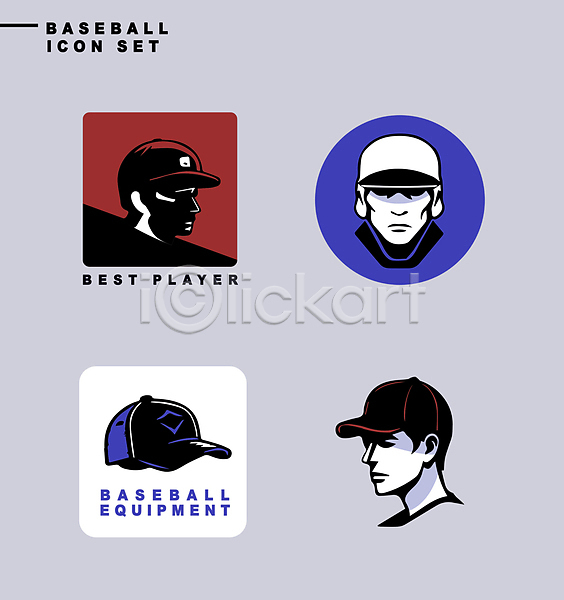 남자 성인 성인남자만 세명 신체부위 AI(파일형식) 아이콘 라벨 빨간색 세트 스포츠 야구모자 야구선수 얼굴 파란색
