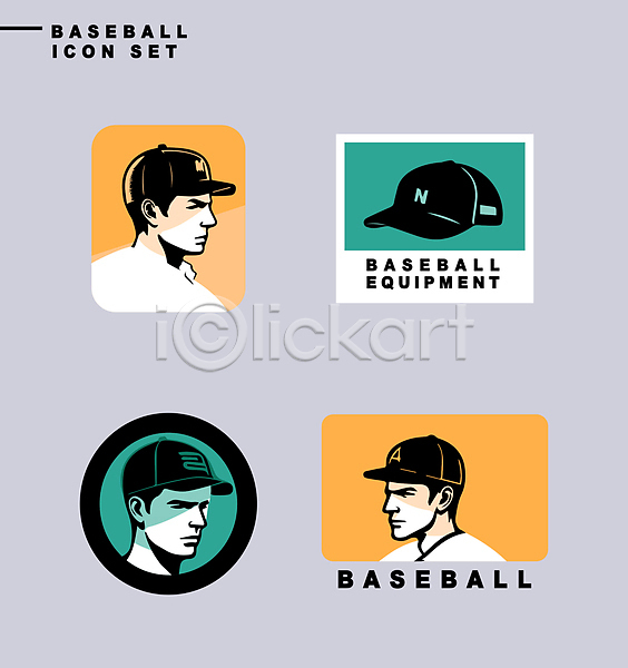 남자 성인 성인남자만 세명 신체부위 AI(파일형식) 아이콘 노란색 라벨 세트 스포츠 야구모자 야구선수 얼굴 초록색