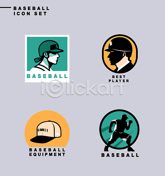 남자 성인 성인남자만 세명 신체부위 AI(파일형식) 실루엣 아이콘 노란색 라벨 세트 스포츠 야구모자 야구선수 얼굴 전신 초록색
