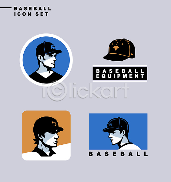 남자 성인 성인남자만 세명 신체부위 AI(파일형식) 아이콘 라벨 세트 스포츠 야구모자 야구선수 얼굴 주황색 파란색