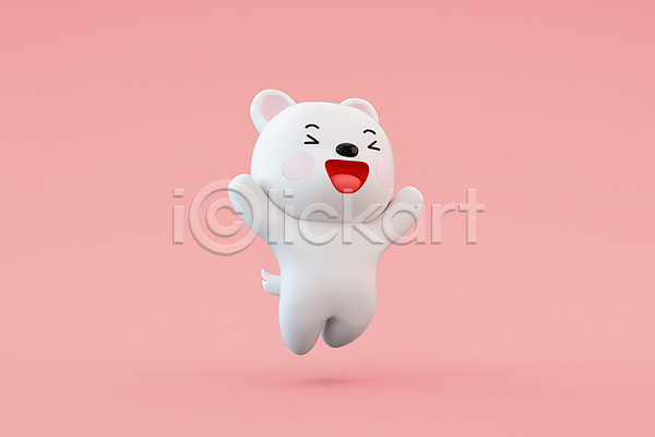 즐거움 사람없음 3D PSD 디지털합성 편집이미지 3D캐릭터 강아지 개 개캐릭터 만세 분홍색 웃음 점프 편집 편집소스 한마리