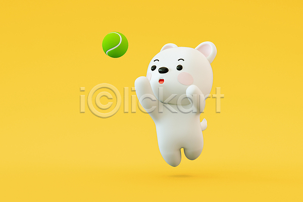 사람없음 3D PSD 디지털합성 편집이미지 3D캐릭터 강아지 개 개캐릭터 공놀이 노란색 응시 점프 테니스공 편집 편집소스 한마리