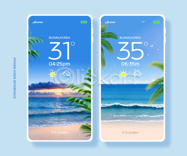 사람없음 PSD 웹템플릿 UI 갈매기 구름(자연) 스마트폰 야자수잎 여름(계절) 온도 인터페이스 일몰 지평선 태양 파도 파란색 하늘 해변