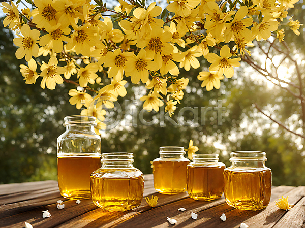 사람없음 JPG 편집이미지 꽃잎 꿀 꿀단지 나무탁자 나뭇가지 야외 유리병 햇빛