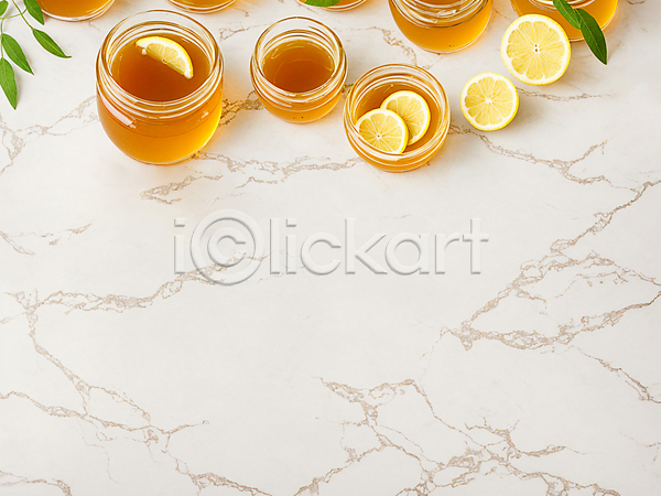 사람없음 JPG 편집이미지 하이앵글 꿀 꿀단지 나뭇잎 대리석 레몬 슬라이스 유리병 조각 카피스페이스