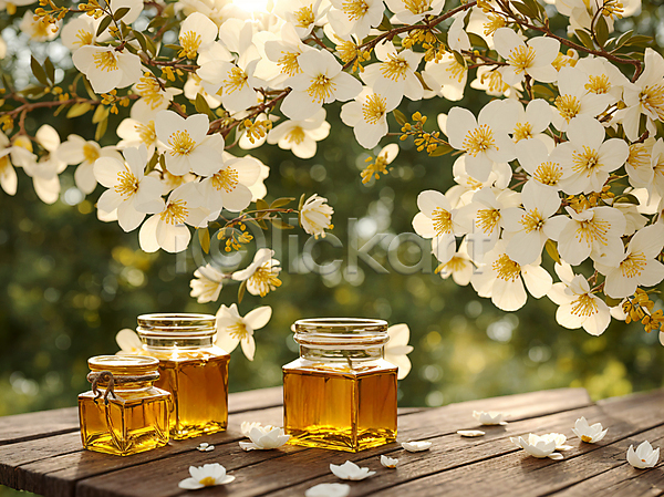 사람없음 JPG 아웃포커스 편집이미지 꽃잎 꿀 꿀단지 나무탁자 나뭇가지 보케 야외 유리병