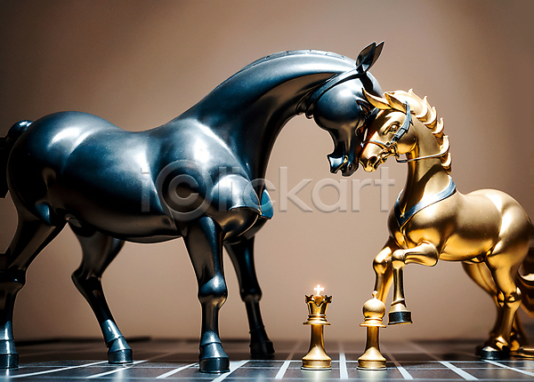 사람없음 JPG 편집이미지 검은색 금색 대립 동물모형 말(동물) 체스 체스말 체스판 충돌 황금
