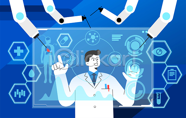 스마트 남자 사람모양 성인 성인남자한명만 한명 AI(파일형식) 일러스트 AI(인공지능) 그래프 기술발전 로봇 로봇팔 상반신 스크린 의사 의학 자동화 정보기술 터치 파란색 활용