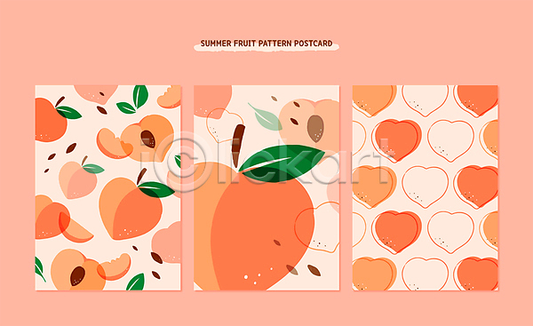 사람없음 AI(파일형식) 일러스트 템플릿 단면 라인아트 복숭아 복숭아씨 분홍색 세트 여름(계절) 엽서 잎 카드(감사) 패턴 패턴백그라운드