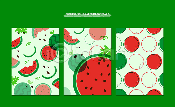 사람없음 AI(파일형식) 일러스트 템플릿 단면 라인아트 빨간색 세트 수박 수박씨 여름(계절) 엽서 잎 초록색 카드(감사) 패턴 패턴백그라운드