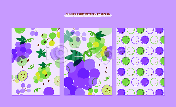사람없음 AI(파일형식) 일러스트 템플릿 단면 라인아트 보라색 세트 여름(계절) 엽서 잎 청포도 카드(감사) 패턴 패턴백그라운드 포도 포도송이 포도알