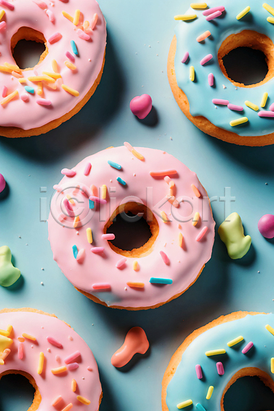 사람없음 JPG 디지털합성 편집이미지 도넛 디저트 분홍색 스프링클 원형 하늘색