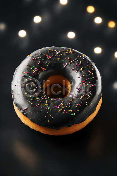 사람없음 JPG 디지털합성 편집이미지 검은색 도넛 디저트 보케 빛 스프링클 원형