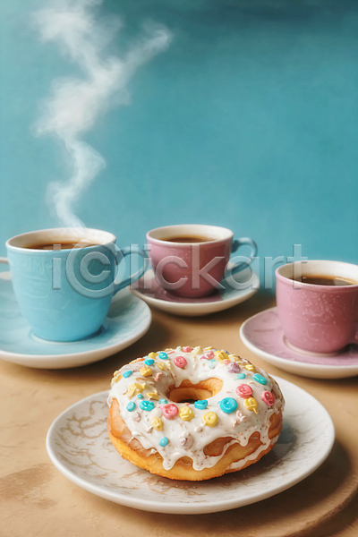 뜨거움 사람없음 JPG 디지털합성 편집이미지 나무탁자 도넛 디저트 스프링클 접시 커피 커피잔