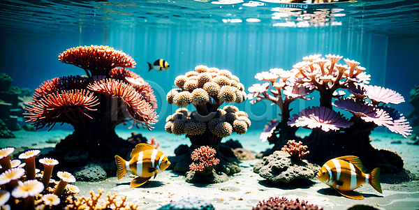 사람없음 JPG 디지털합성 편집이미지 바다 바다동물 바닷속 산호 산호초 열대어 자연 편집소스 풍경(경치) 흰동가리