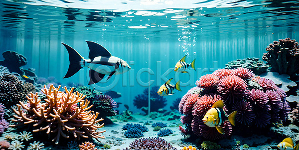 사람없음 JPG 디지털합성 편집이미지 바다 바다동물 바닷속 산호 산호초 엔젤피쉬 열대어 자연 편집소스 풍경(경치)