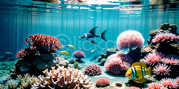 사람없음 JPG 디지털합성 편집이미지 바다 바다동물 바닷속 산호 산호초 열대어 자연 편집소스 풍경(경치)