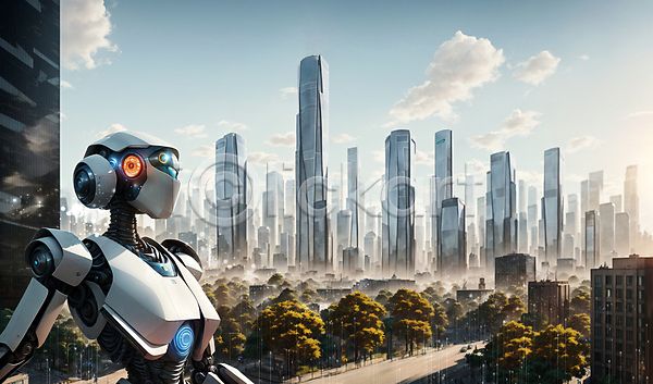 미래 사람없음 JPG 디지털합성 편집이미지 AI(인공지능) SF 구름(자연) 나무 로봇 미래도시 빌딩 하늘 휴머노이드