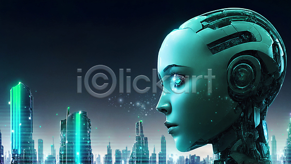 미래 사람없음 JPG 디지털합성 편집이미지 AI(인공지능) SF 로봇 머리 미래도시 반짝임 빌딩 빛 응시 청록색 휴머노이드