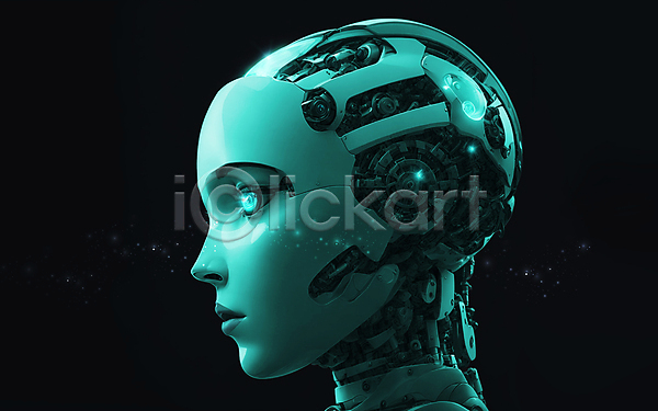 미래 사람없음 JPG 디지털합성 편집이미지 AI(인공지능) SF 로봇 머리 빛 청록색 휴머노이드