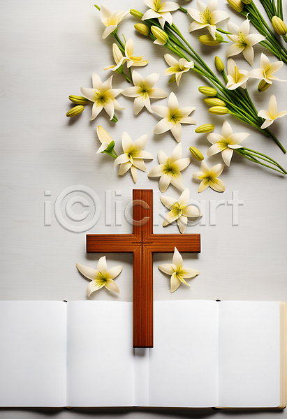 사람없음 JPG 디지털합성 편집이미지 기독교 나무십자가 백합(꽃) 성경 십자가
