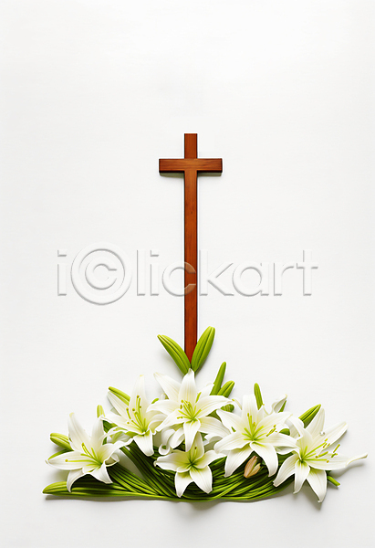 사람없음 JPG 디지털합성 편집이미지 기독교 나무십자가 백합(꽃) 스튜디오촬영 십자가 흰색