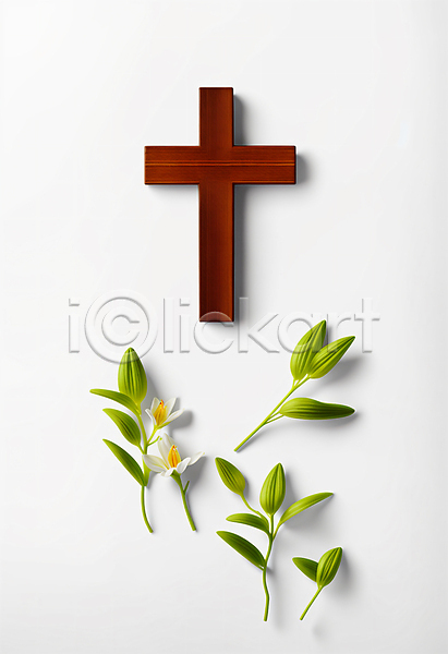 사람없음 JPG 디지털합성 편집이미지 기독교 나무십자가 백합(꽃) 스튜디오촬영 십자가 잎 흰색