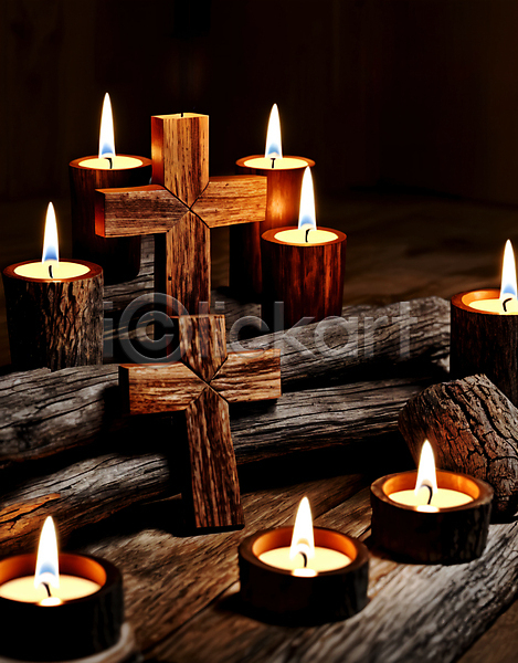 사람없음 JPG 디지털합성 편집이미지 기독교 나무 목재 불꽃(불) 십자가 촛불