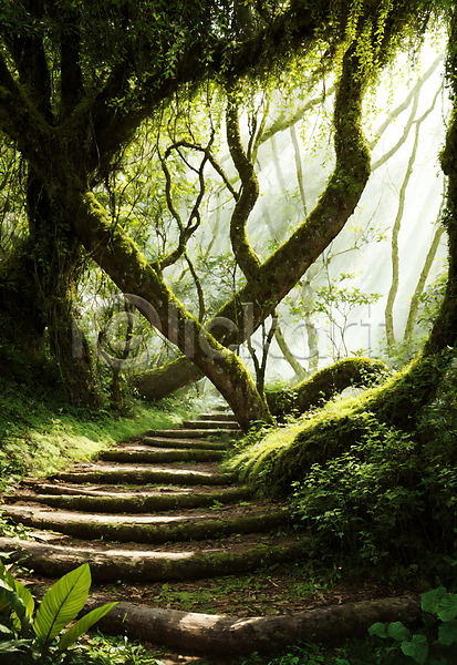 사람없음 JPG 편집이미지 계단 길 나무 빛 숲 숲길 야외 이끼 자연 주간 초록색 풍경(경치)