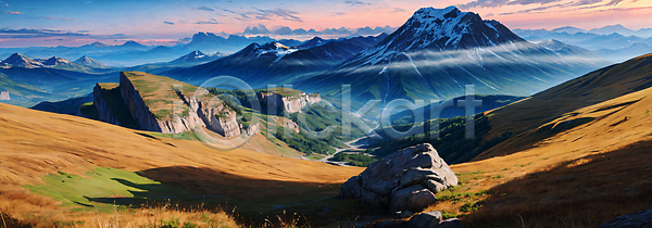 사람없음 JPG 디지털합성 편집이미지 바위(돌) 백패킹 산맥 안개 야외 와이드컷 일몰 자연 주간 편집소스 풍경(경치) 프랑스