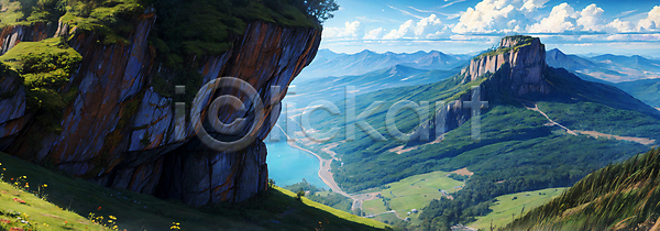 사람없음 JPG 디지털합성 편집이미지 구름(자연) 꽃 백패킹 산맥 야외 와이드컷 자연 전경 절벽 주간 편집소스 풍경(경치) 프랑스 하늘