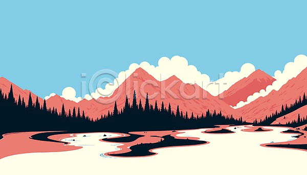 사람없음 AI(파일형식) 일러스트 구름(자연) 나무 백그라운드 분홍색 산 자연 카피스페이스 파란색 풍경(경치) 하늘 호수